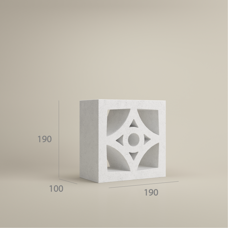 VB+ 806 concrete ventilation block – 190x190x100 mm with central circle and curved arc pattern for decorative screen walls